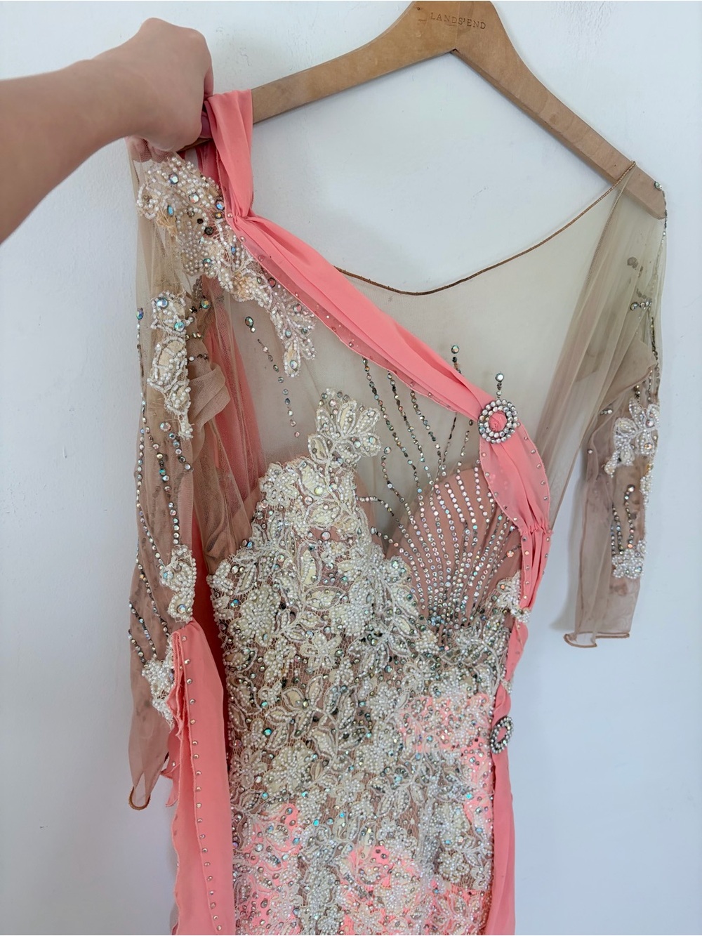 Vintage dancer gown beaded intricate floral lace appliqués on a sheer bodice mad